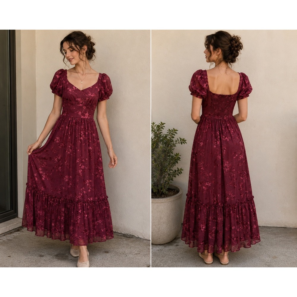 Ember Berry Floral Burnout Maxi Dress Fairycore Babydoll Smocked Back Dress S